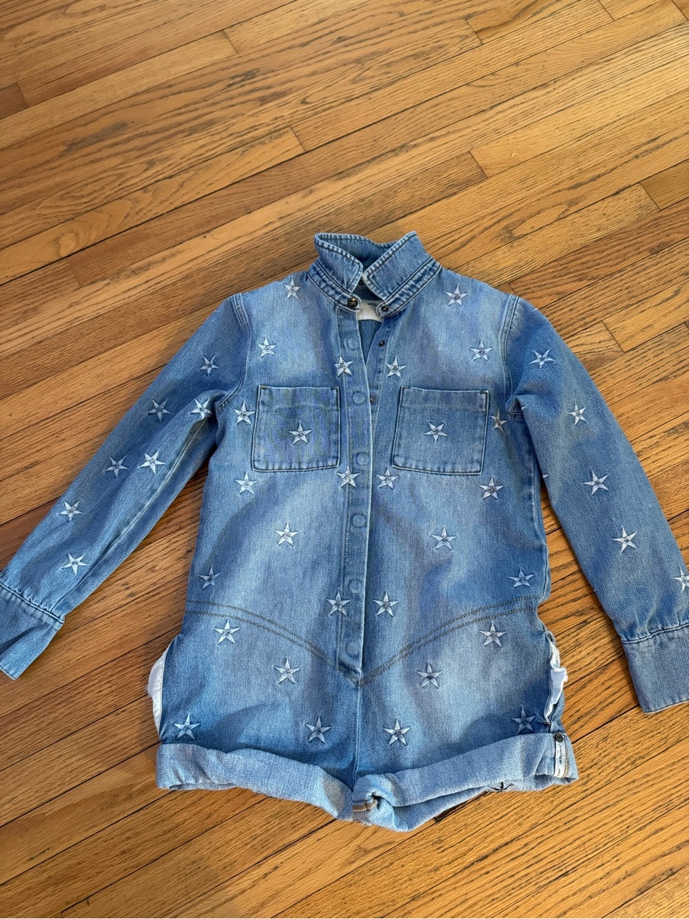 One Teaspoon Kids Light Blue Star-Embroidered Denim Jacket Romper